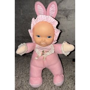 Goldberger Fuzzy Fleece Baby Plush Doll Pink Stripes Pj's Vinyl 11" Bunny Ears‎